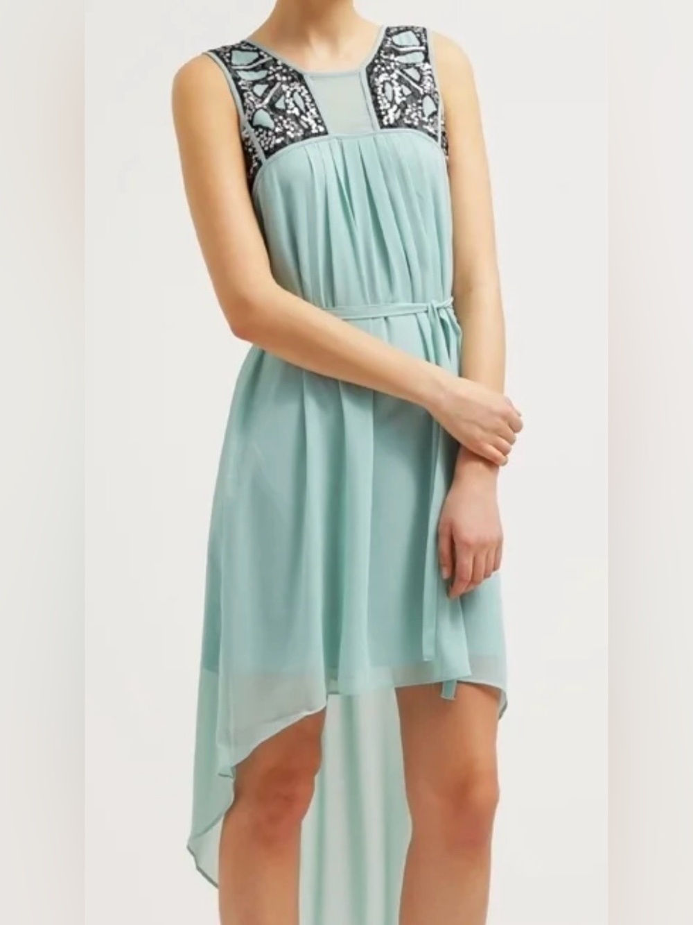Pink Martini Mint High-Low Chiffon Dress with Embellished Yoke
